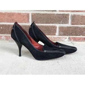 vtg 90s black SUEDE Donald J Pliner STILETTO HEELS 7.5 couture Italy square toe